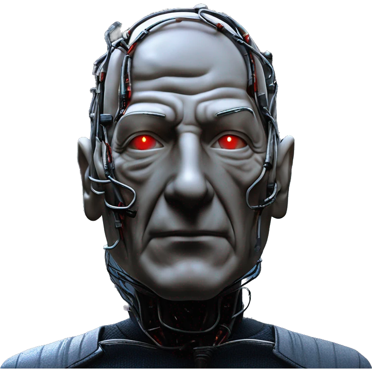 Jean luc picard from Star Trek assimilated by the Borg, with mechanical metal covering the left side of his face, with wires and a red light on the left side. His eyes are blue emoji