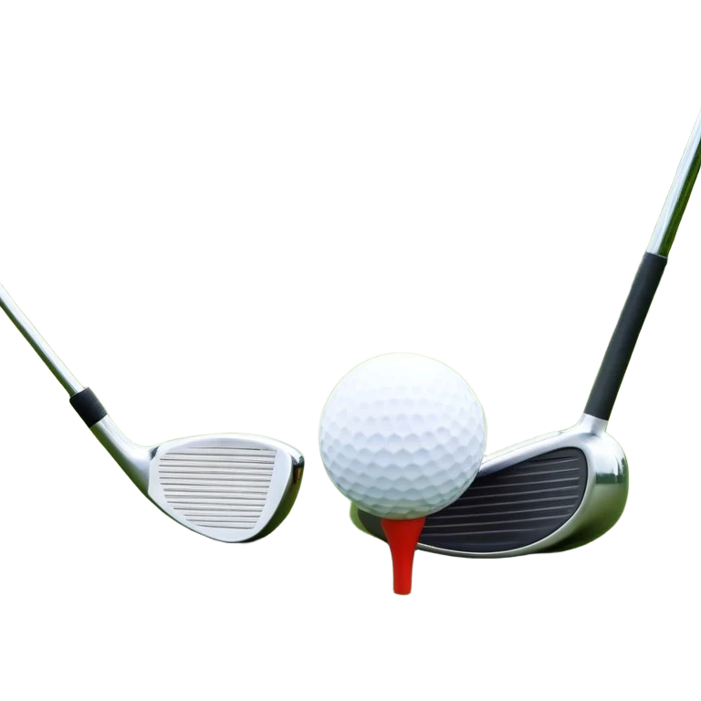 A golf ball on a tee with a golf club placed beside it, set against the backdrop of a well-manicured green golf course. The scene emphasizes the equipment and serene atmosphere of the sport, with soft lighting and a peaceful, open landscape emoji