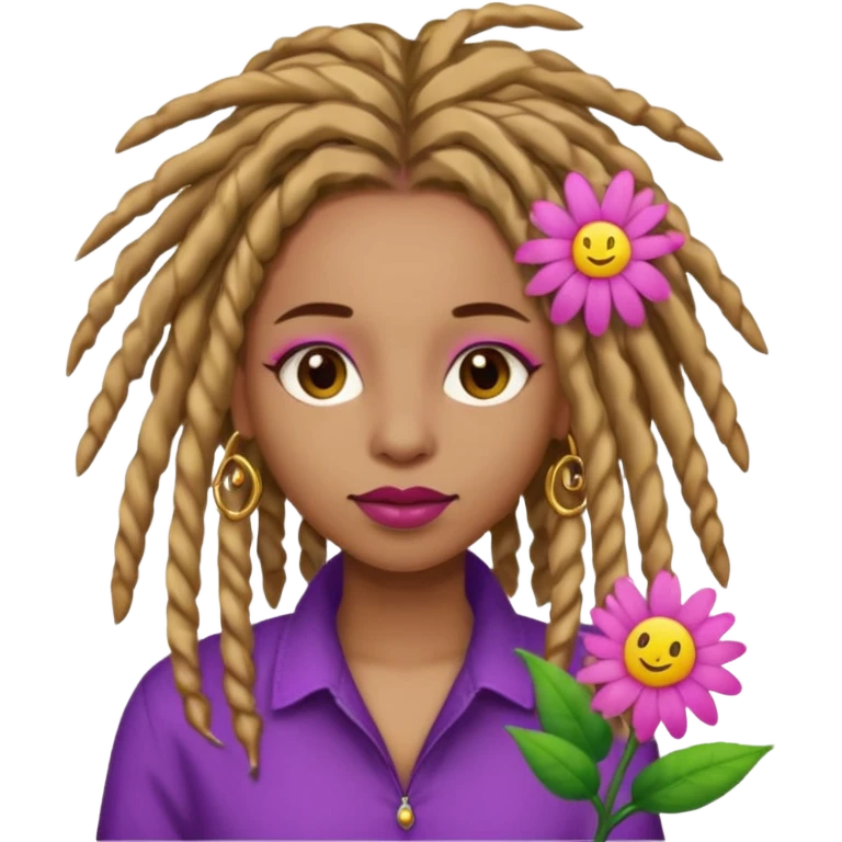 Gold dread locs pink emoji face purple flower in the hair red lipstick light brown face  just the face pink tips on end of locs  emoji