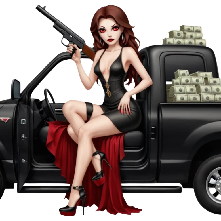 Lilith red eye seductress evil long brown haired sexy succubus woman with leather long dress with slit on, sitting in Big Large F350 pickup truck. Wearing super tall black platform high heels, Back seat full of stacks of cash, she is  Holding a human skull of her enemies and a gun in other hand emoji