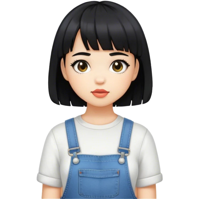 a girl with light skin short black hair with black bangs and wearing cute overalls  emoji