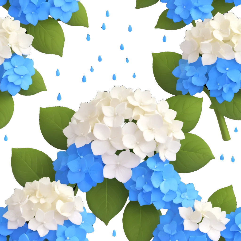 White and blue gradient hydrangea (ajisai) flower in Japanese woodblock print style, with seasonal rain elements and kanji-inspired background, Edo period aesthetic emoji