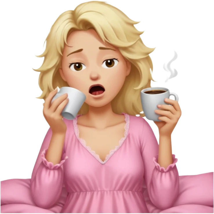 A blonde woman in a pink nightgown yawns, looking sleepy with dark circles under her eyes, drinking coffee, looking like she just woke up emoji
