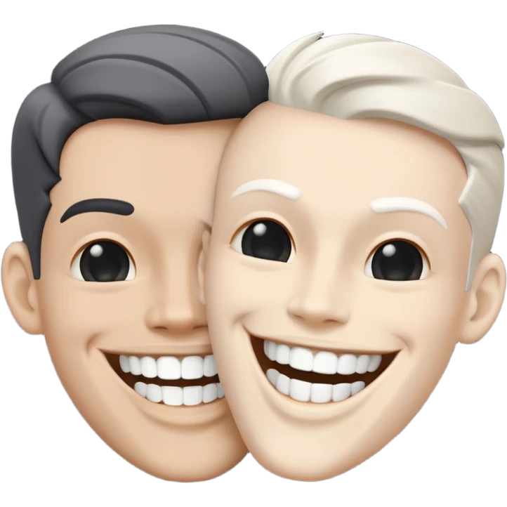 2 super idol heads smiling but only their upper teeth are visible and the one on the left is very white and the one on the right is dark gray and sideways and the background is pitch black emoji