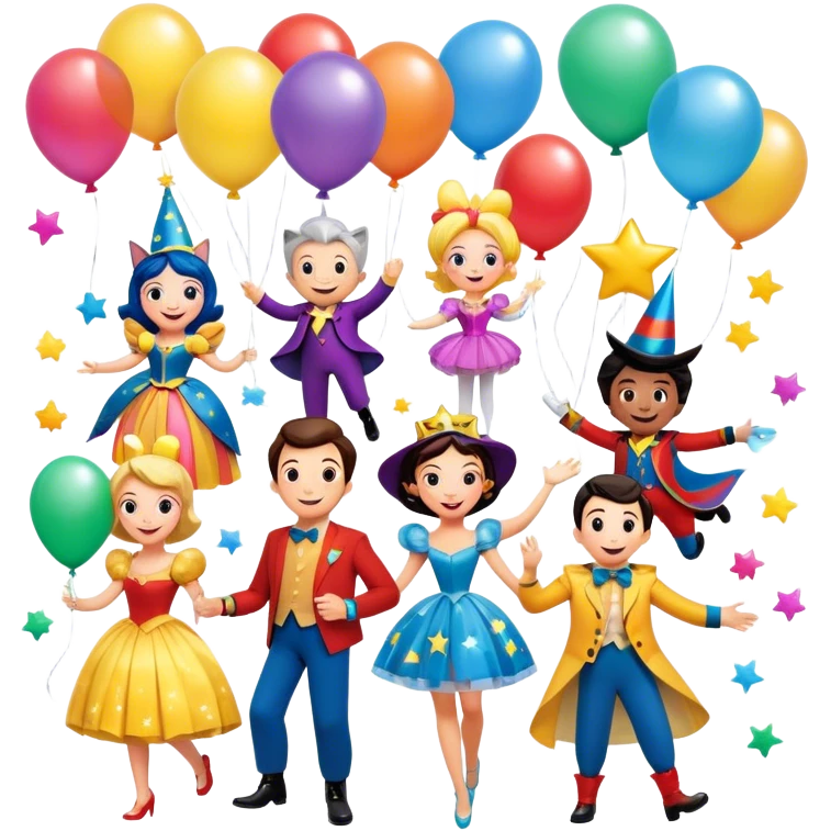 Icon for Animated Movies: A vibrant, colorful collage featuring iconic characters from popular animated films. Include cheerful, playful figures with exaggerated features, bright costumes, and whimsical elements like floating balloons, stars, and sparkles. Transparent background. emoji