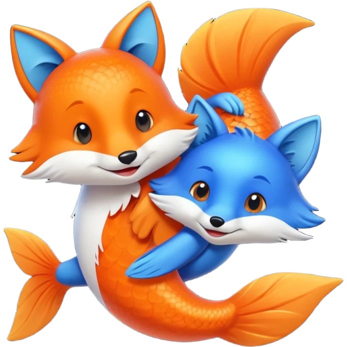 Make a pair of hugging or cuddling best friends: a bright orange fish and a vivid blue fox emoji