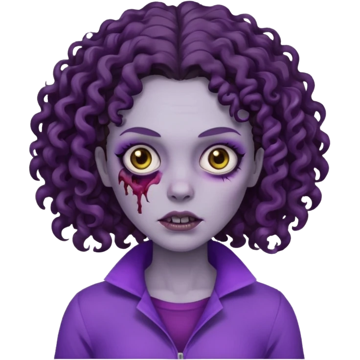 Zombie woman with curly, dark brown hair, purple outfit, and short, flat hair.  emoji