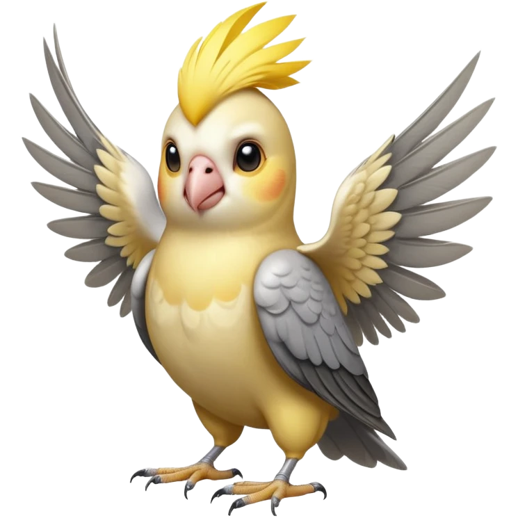 adorable-[cockatiel]-realistic-full-body-perched-emoji,-wings-tucked-neatly,-head-tilted-dramatically,-sleek-[yellow and grey]-feathers,-simplified-yet-realistic-focused-features,-highly-detailed,-glowing-with-an-almost-sarcastic-glow emoji