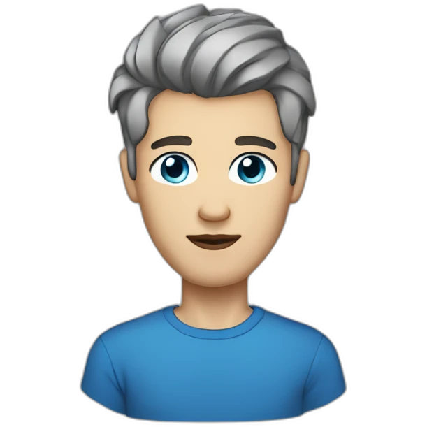 Scandinavian man blue eyes dark grey hair, short hair on the sides, more hair on the top large lips, slim face, tshirt emoji