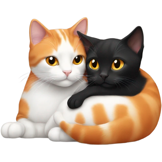 Orange and white cat cuddles small black cat emoji