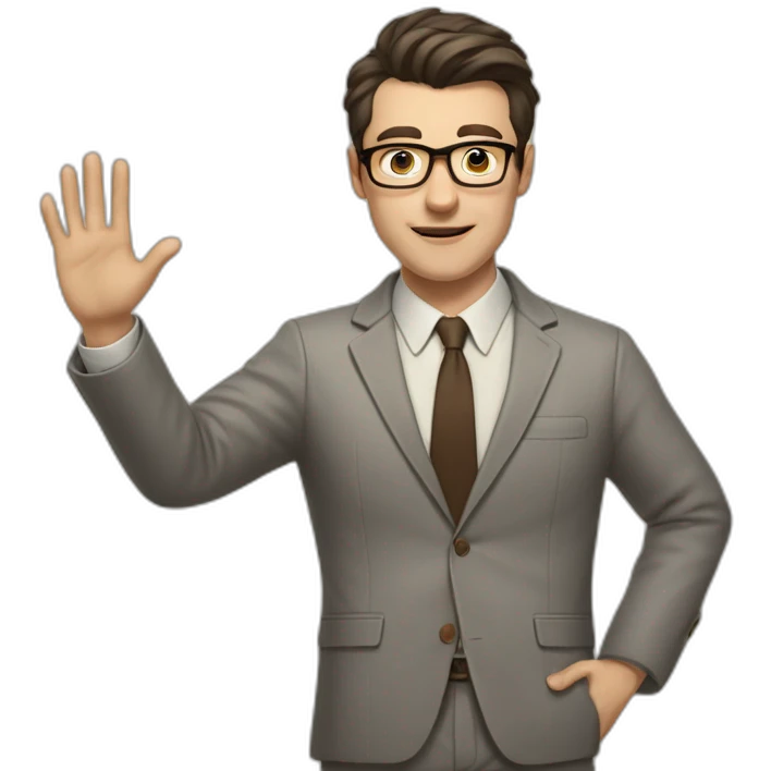 Full height Actively gesturing with hands Pale skinned fit man with dark brown hair in gray jacket, beige office shirt, brown tie, brown pants and vintage glasses. emoji