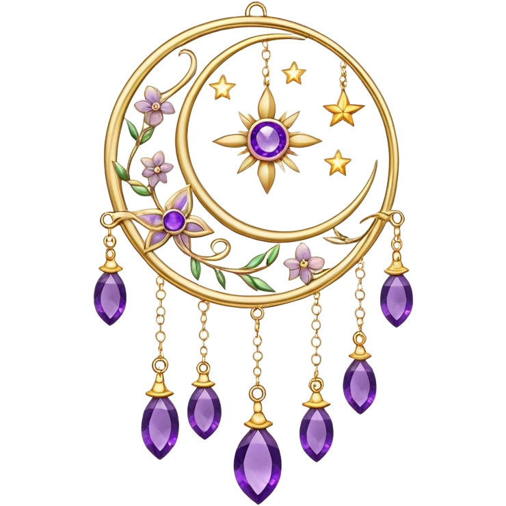 Epic beautiful gorgeous cute gold suncatcher, threads with shiny sparkly amethyst gemstones, flowers, crescents-moons, stars emoji