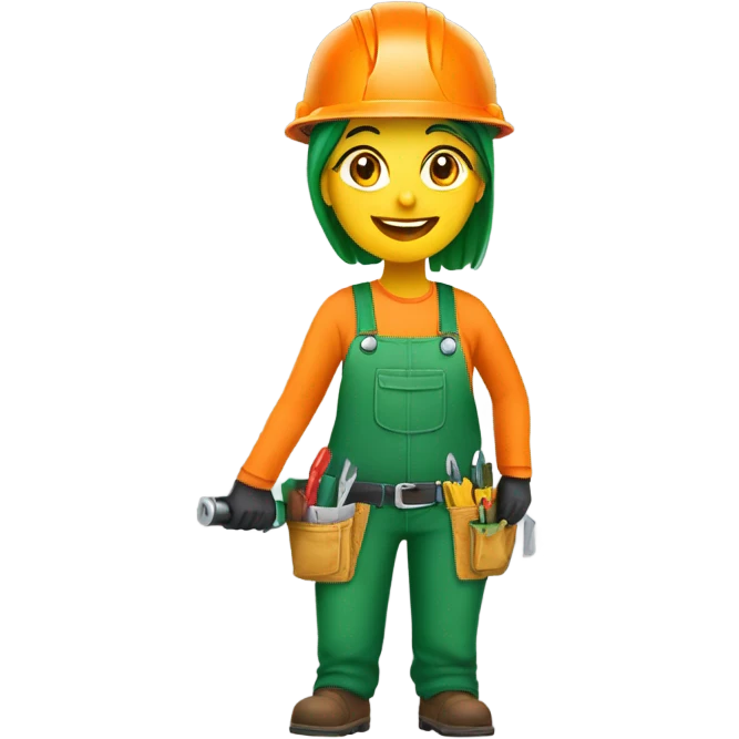 carpenter, woman with hardhat, with screwdriver, green clothing, yellow skin, view only shows head, smiling eagerly, hardhat in orange emoji