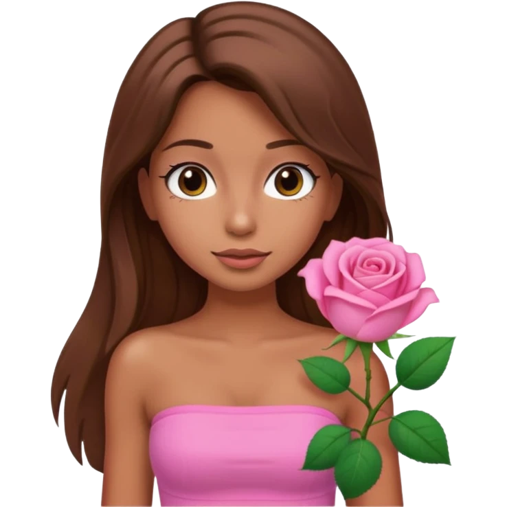 A tanned girl's face waved long brown hair with pink rose with pink tube top emoji