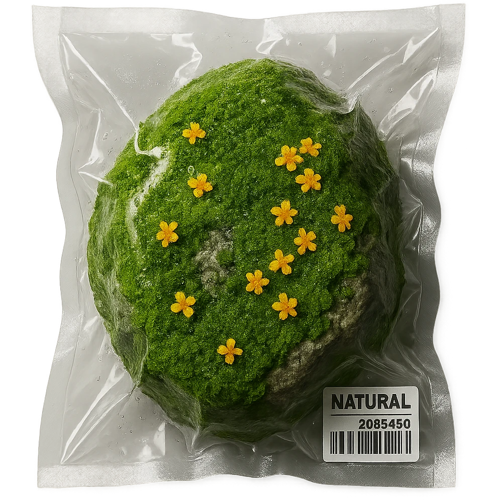 light gray rock, covered in green moss with clusters of small bright flowers, glossy emoji