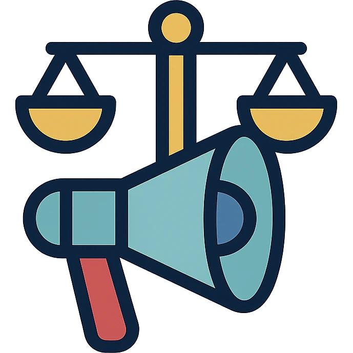 minimalist icon for advocacy consulting firm, megaphone and scales of justice intertwined, subtle gold navy blue accents, represents empowerment positive change emoji