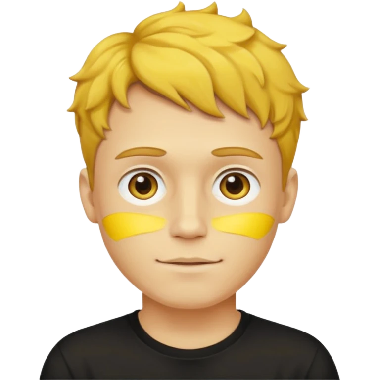 A (yellow-skinned man). (Bright-yellow skin). Yellow face. Yellow emoji. He has short wavy (light-brown hair) and wearing a black t-shirt, and a visible bulge on the groin area molding his testicles. emoji