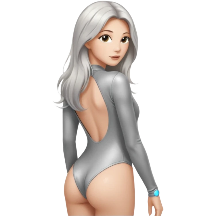 woman with light long hair in silver long-sleeve bodysuitlooking at the camera from back with sexy pose emoji