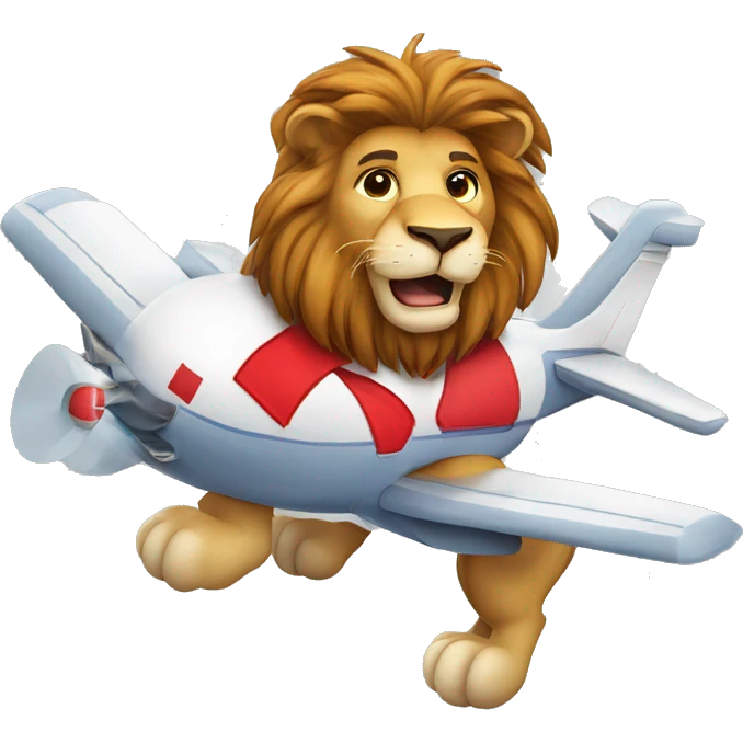 A Lion cartoon character with a big heart on his uniform flying an aircraft emoji