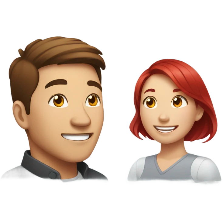 An Asian man with brown hair and an Asian woman with red hair are lying on their stomachs on a bed, smiling and talking. emoji