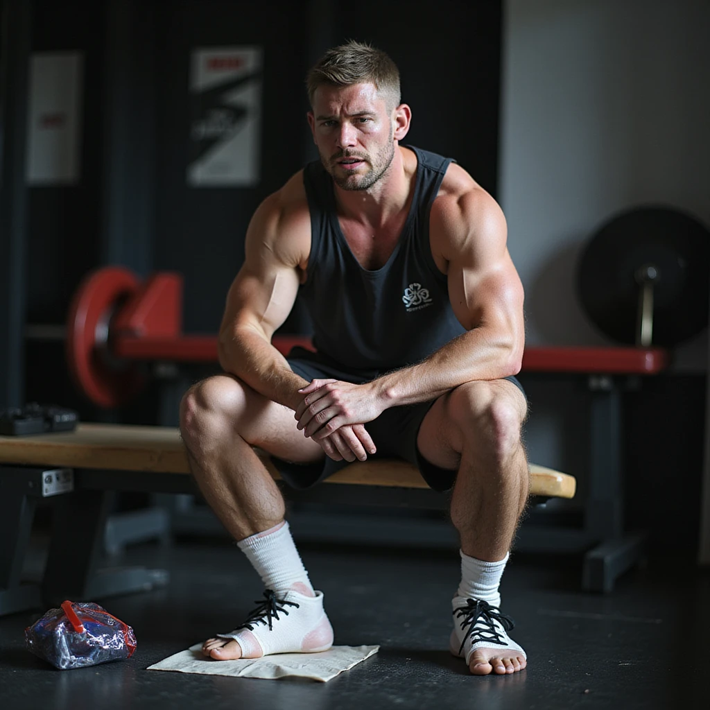 Powerlifter in competition clothing, sitting on bench with swollen and bandaged ankle, frustrated expression, ice bag nearby, injury atmosphere, realistic details, locker room background. emoji