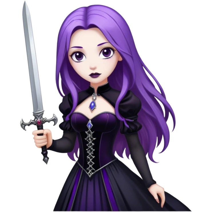 A gothic princess with long purple hair, in a black velvet dress, holding a silver dagger. emoji