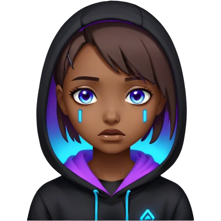 a girl with a brown bob and blue eyes in a black hoodie is crying Cyberpunk style. Violet neon. emoji