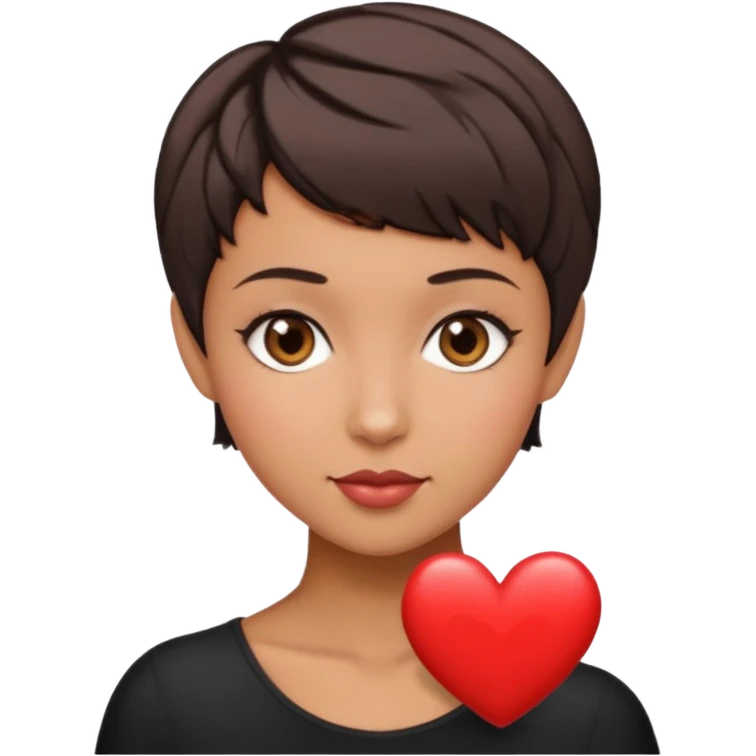 woman pixie cut dark brown hair, tan skin, brown eyes, heart shaped face emoji