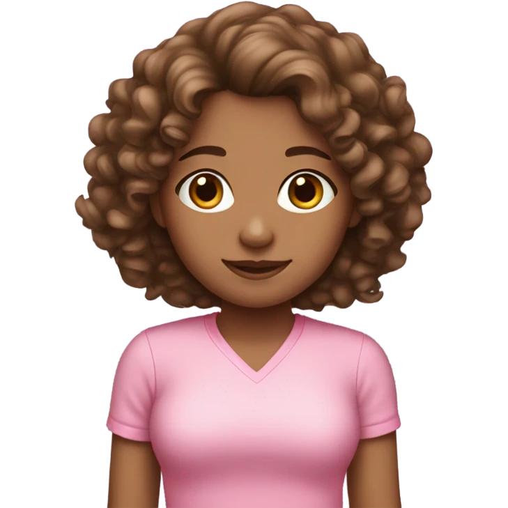 Girl with curly brown hair wearing pink emoji