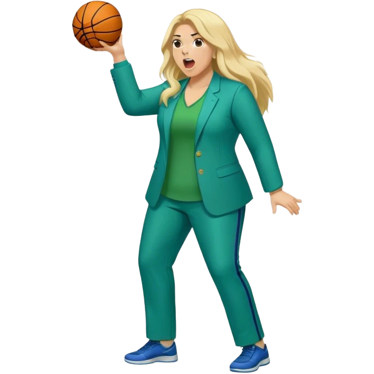 Full Body white plus size female basketball head coach yelling using a clipboard with long blonde hair in a blue and green suit emoji