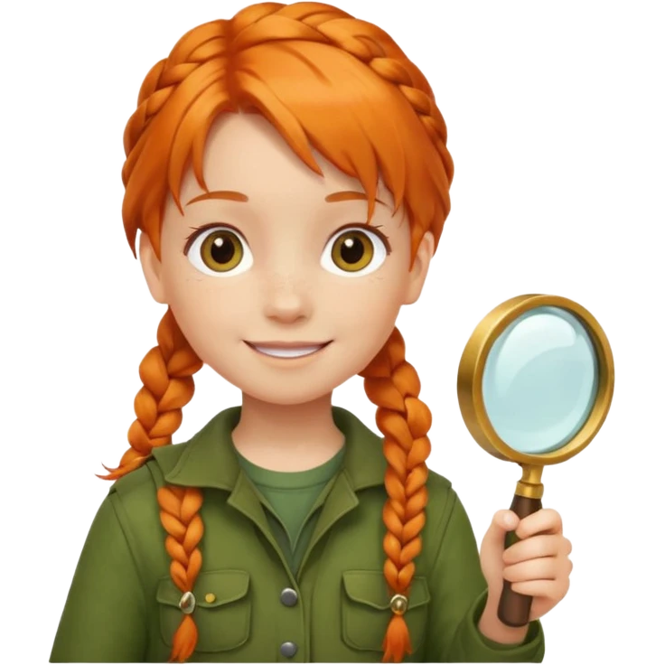 braid orange haired girl kid in moss green explorer outfit, holding magnifying glass, smile emoji
