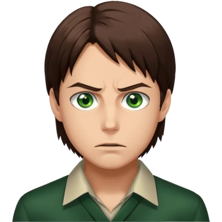 “Create an avatar that looks like Eren Yeager from Attack on Titan, Season 4 — sharp jawline, tied-back long brown hair, intense green eyes. emoji