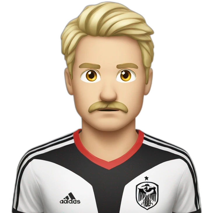 face man serious expresion blonde hair long hair blonde moustache wearing a germany soccer shirt emoji