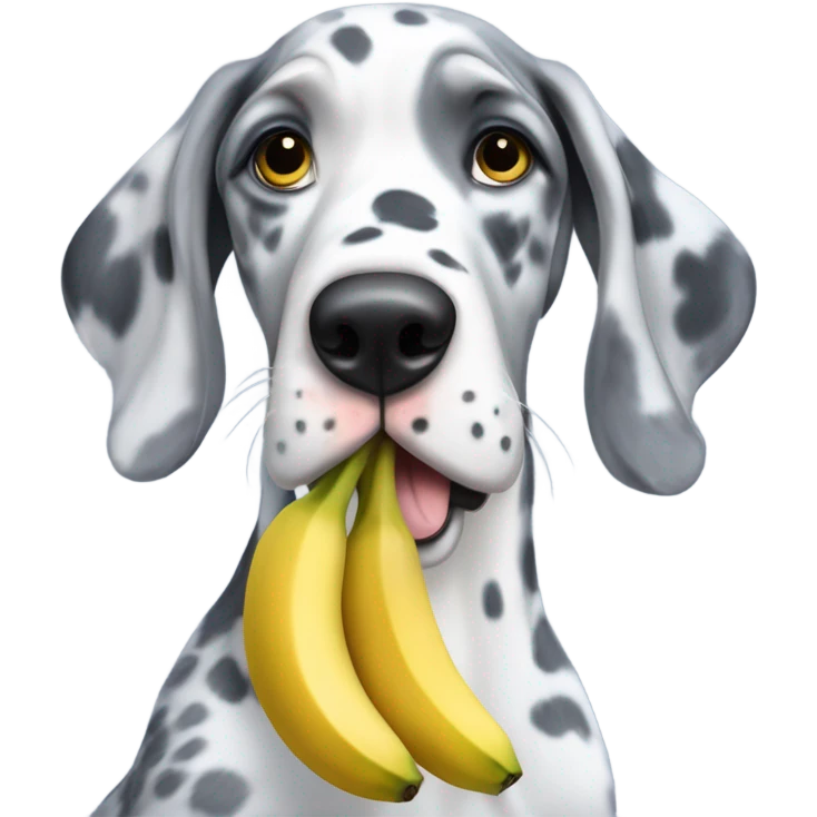 Blue Merle Great Dane holding a banana emoji