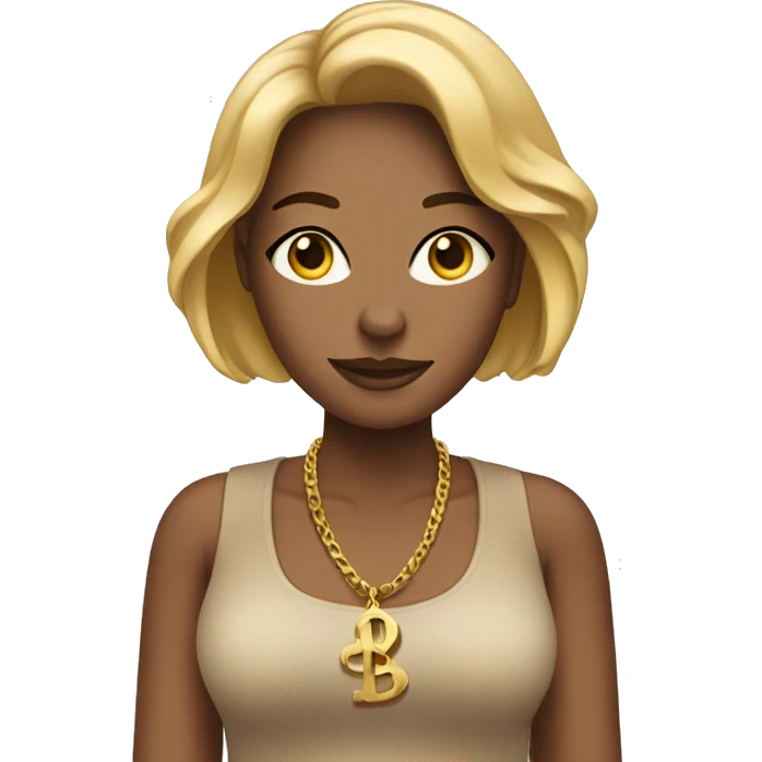 Tan woman with bob, professional, with a trans symbol necklace that has dollar sign in middle emoji