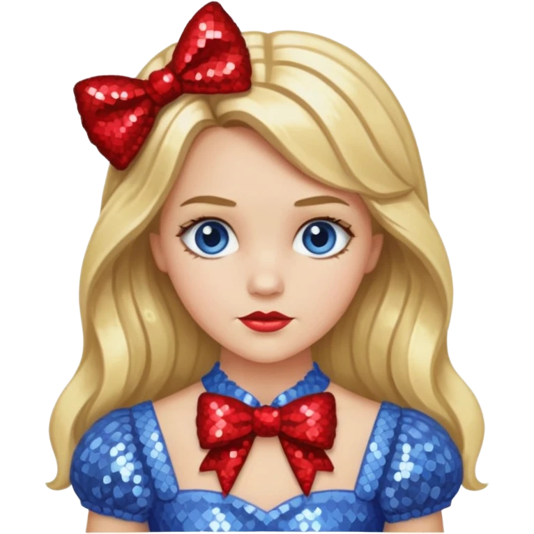 Dorothy Gale from Oz with long blonde hair, periwinkle sequin outfit, red bow emoji