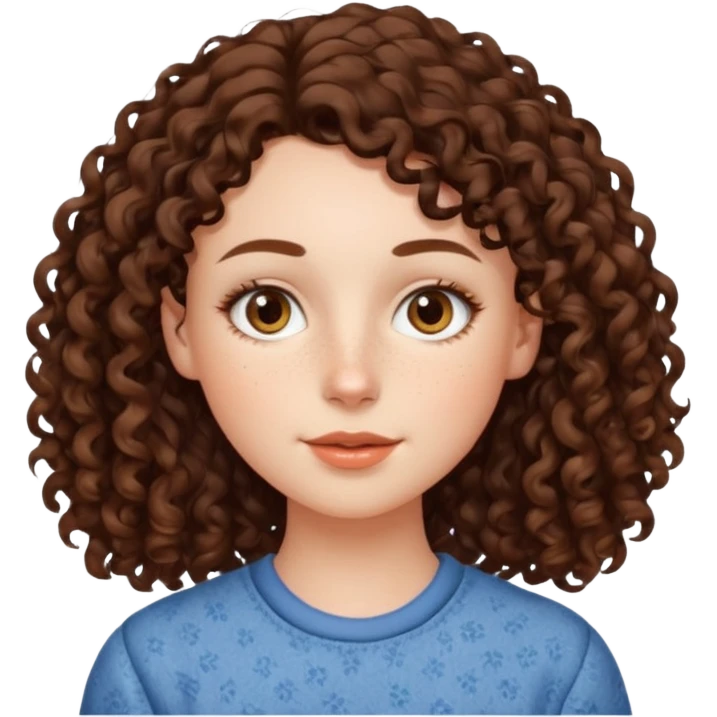 White girl with dark brown long 2C curly hair, brown almond shape eyes, small wide nose, natural lips. Cute clothnig emoji