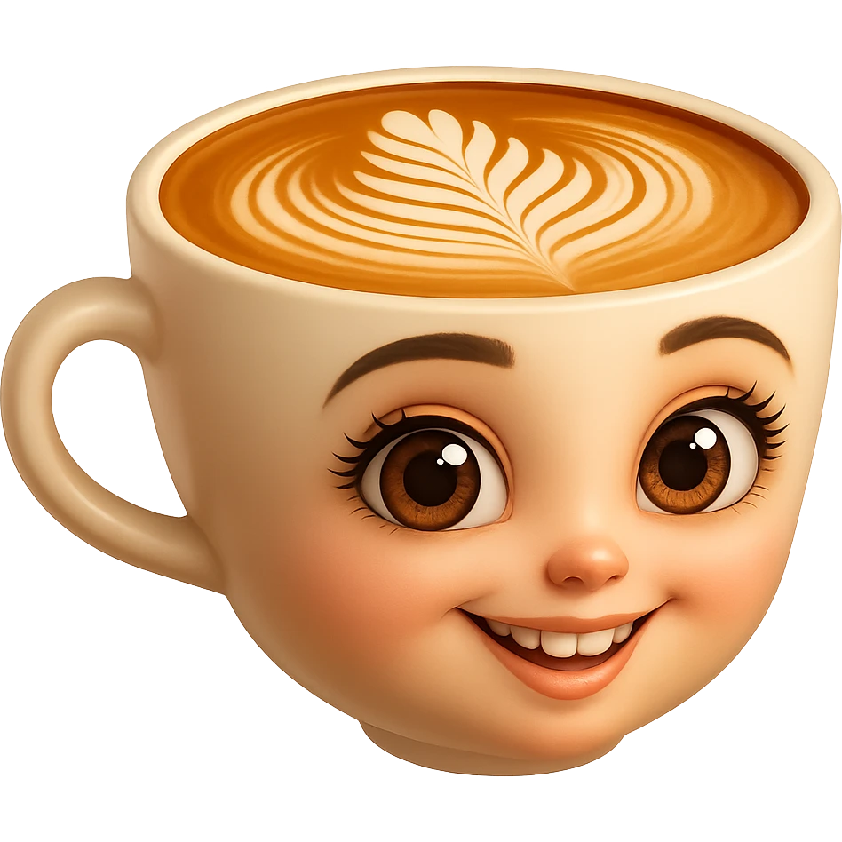 Edita la imagen para que el personaje de la taza de café  MANTENGA exactamente su estilo original,  y colores según la imagen de referencia. ELIMINA FONDO PARA QUE QUEDE TIPO EMOJI NO DBE TENER CUELLO.EL AZA O MANGA DE LA TAZA  DEBE SER COMPLETAMENTE VISIBLE emoji