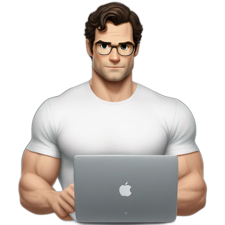front view of henry cavill clark kent wearing white t-shirt using a laptop emoji