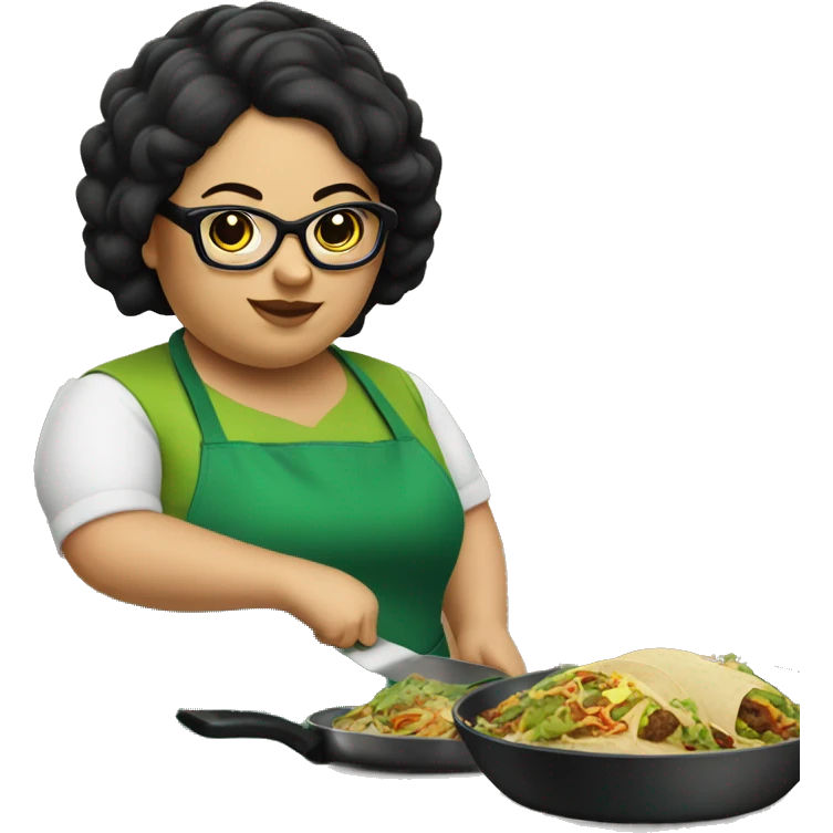 chubby lady with black hair green apron  with glasses cooking tacos emoji