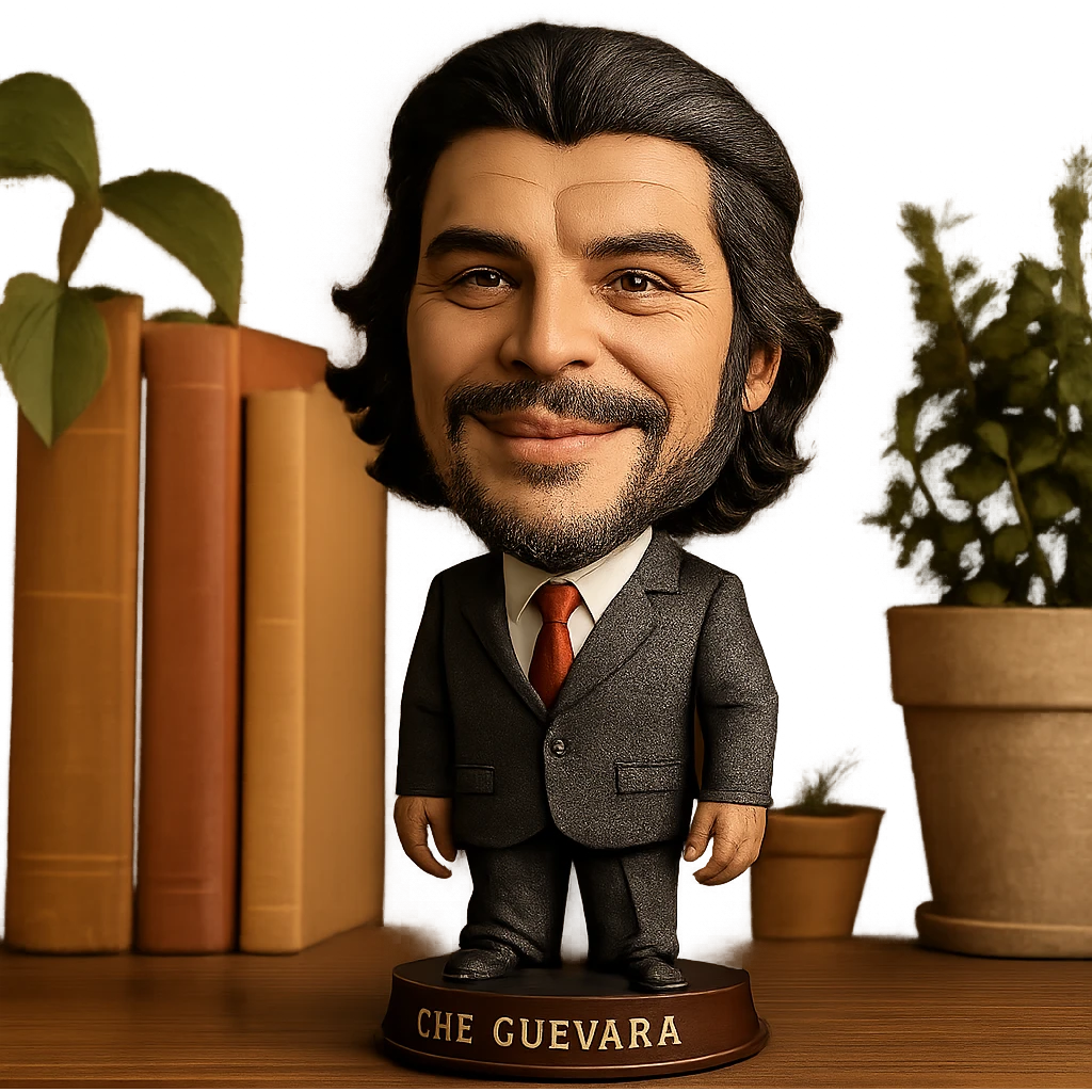 statuette of Che Guevara in a suit and tie, big head, confident smile emoji