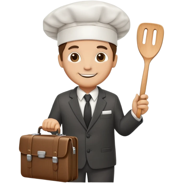 Chef wearing a suit and tie with a chef hat, holding a spatula in one hand and a briefcase in the other, friendly smile emoji