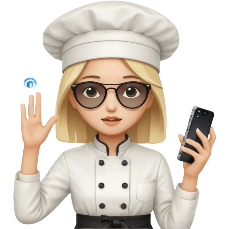 [b"A sad wooman with loight skin,k straight  hair, weawring a chehf hat andi sunglassels, dressee in K-pop  fashion, his dancino while hollding a phdone."] emoji