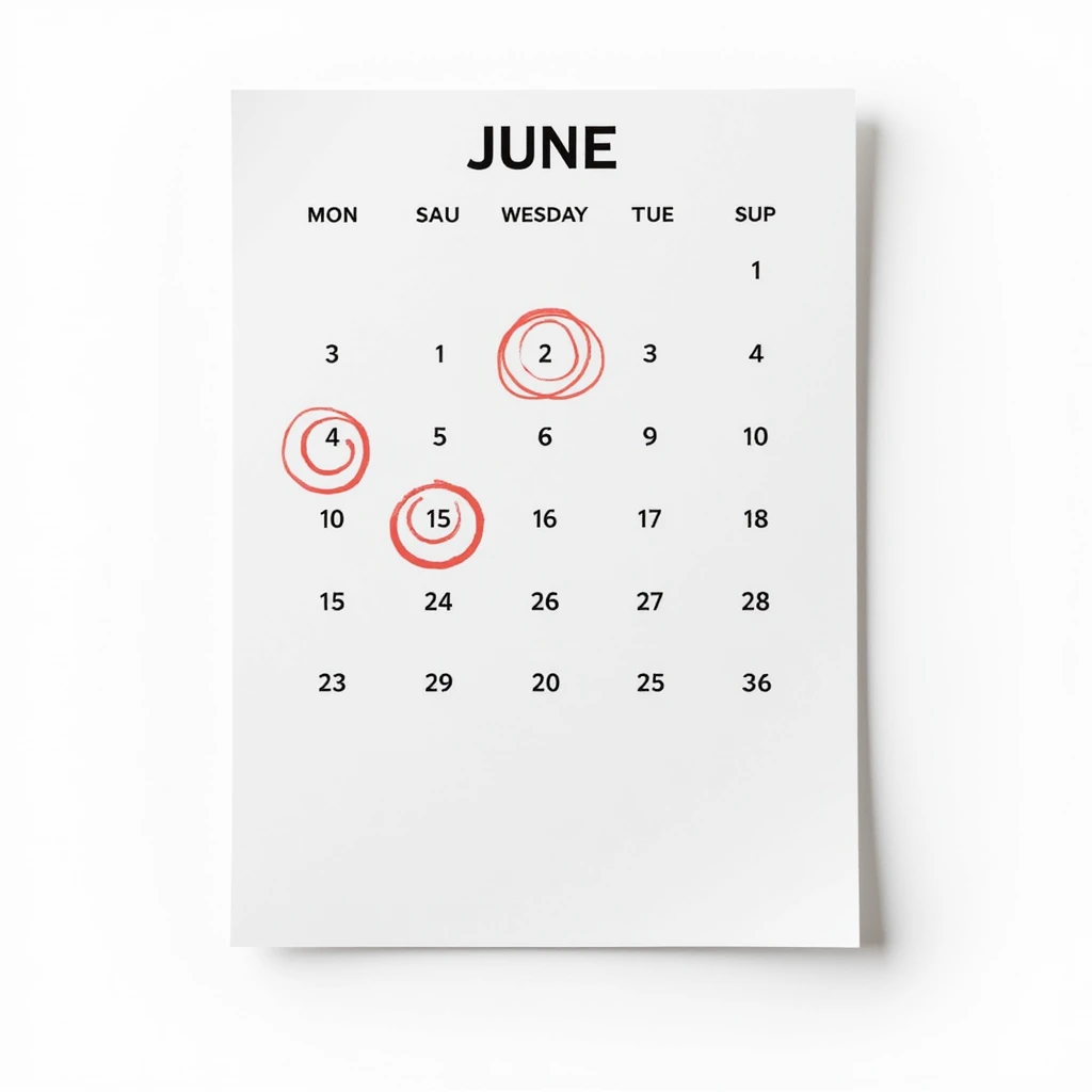 hyperrealistic calendar sheet in 4K, isolated, no background, with days from Monday June 1 to Saturday June 7 circled in red, no border or shadow, just the sheet emoji