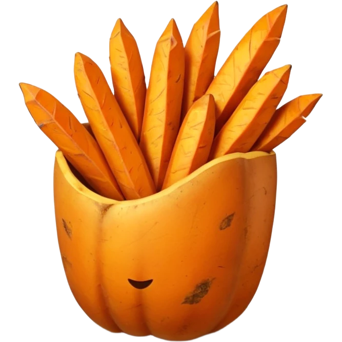 sweet potato fries, two or three, thick-cut, orange interior, golden-brown edges, natural texture, curves, rustic, warm, crispy outside, soft inside, no plate, dip, garnish, or faces, clean 3D, soft shadows, transparent background, emoji scale emoji