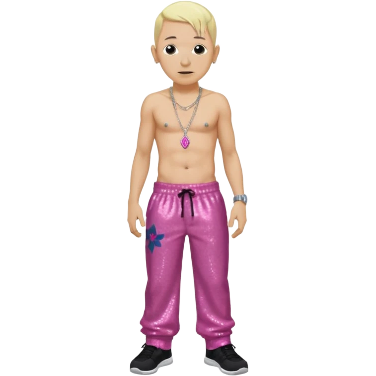 Chester Bennington with blonde hair, dark pink sequin baggy pants, shirtless with necklace emoji
