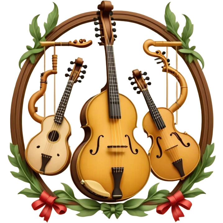Design a sophisticated, festive, and professional emblem-like emoji representing both plucked and string instruments. The composition should resemble a heraldic crest, featuring a harmonious blend of instruments like a banjo, mandolin, domra, sitar, and others. The necks of these instruments should intertwine gracefully with a flowing ribbon of musical notes, wrapping around the strings and headstocks. The instruments should be artistically detailed, with decorative fretboards, intricate inlays, and ornate carved elements. The overall design should evoke a sense of elegance and craftsmanship, with a color palette of gold, deep wood tones, and rich accents. Include subtle highlights to create depth and dimension, with ornamental flourishes like laurel branches or swirling patterns around the central instruments. The background should be transparent to allow the emblem to stand alone. emoji