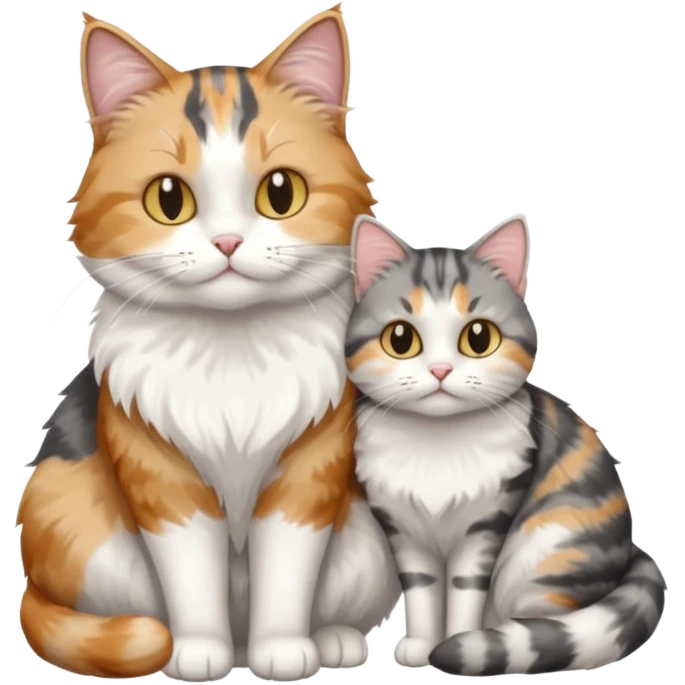 full body colourful light patched calico + white tabby cat cuddling a big grey and white tabby cat  emoji