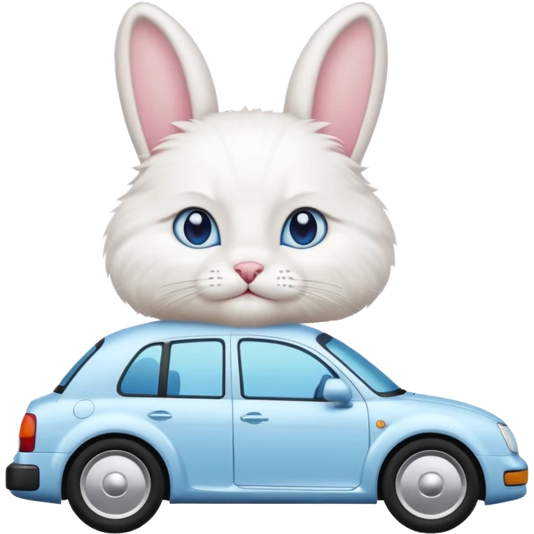 Please create a small emoji the size of 🚗 featuring a pure white cat with bunny tail with blue eyes on a white saloon car viewed from side. Again it is necessary that the emoji must be extremely small, much smaller than a standard sized sticker. emoji