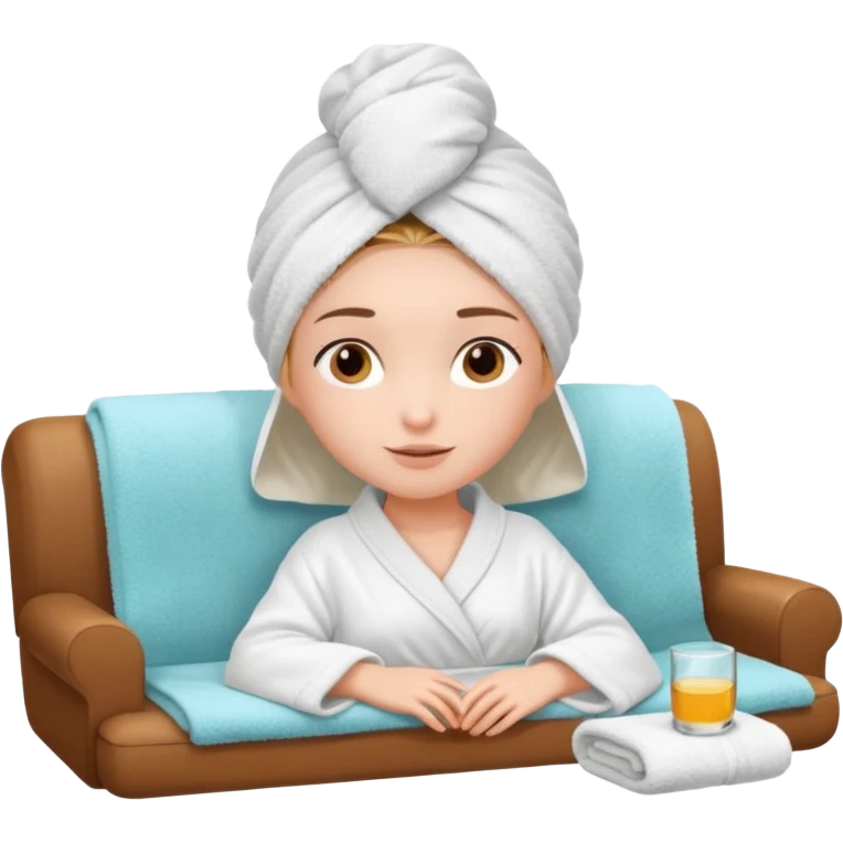 spa A contented and relaxed girl with a towel on her head in a white robe lies on a couch. The icon displays the couch and the girl in full three-quarter view. emoji